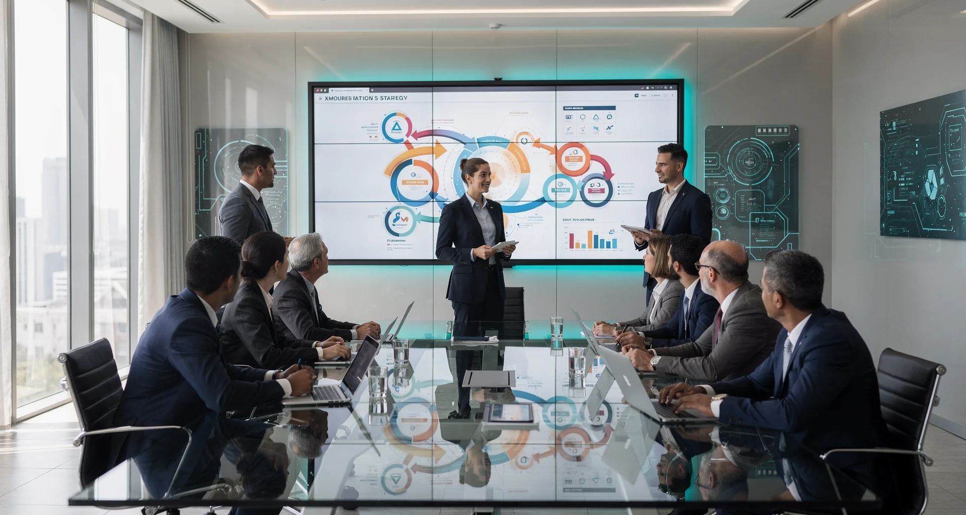 Strategic marketing workshop session in modern boardroom